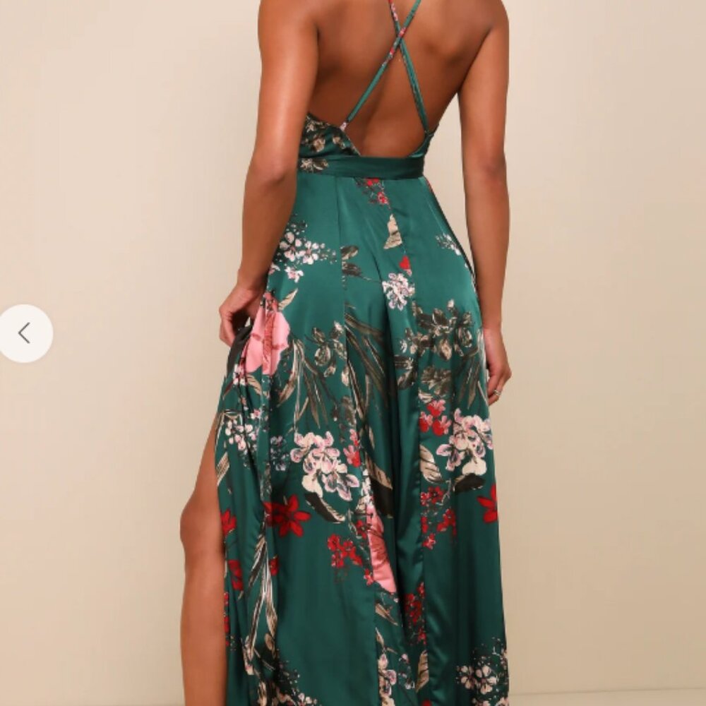 NWT Lulu’s Green Floral Satin Wrap Style Maxi Dress Sz L - Picture 9 of 10